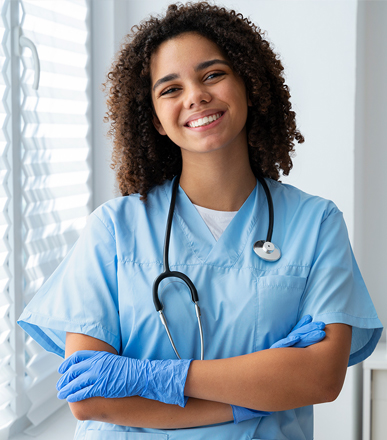 A smiling healthcare professional wearing a stethoscope and gloves, standing confidently in a bright clinical environment.