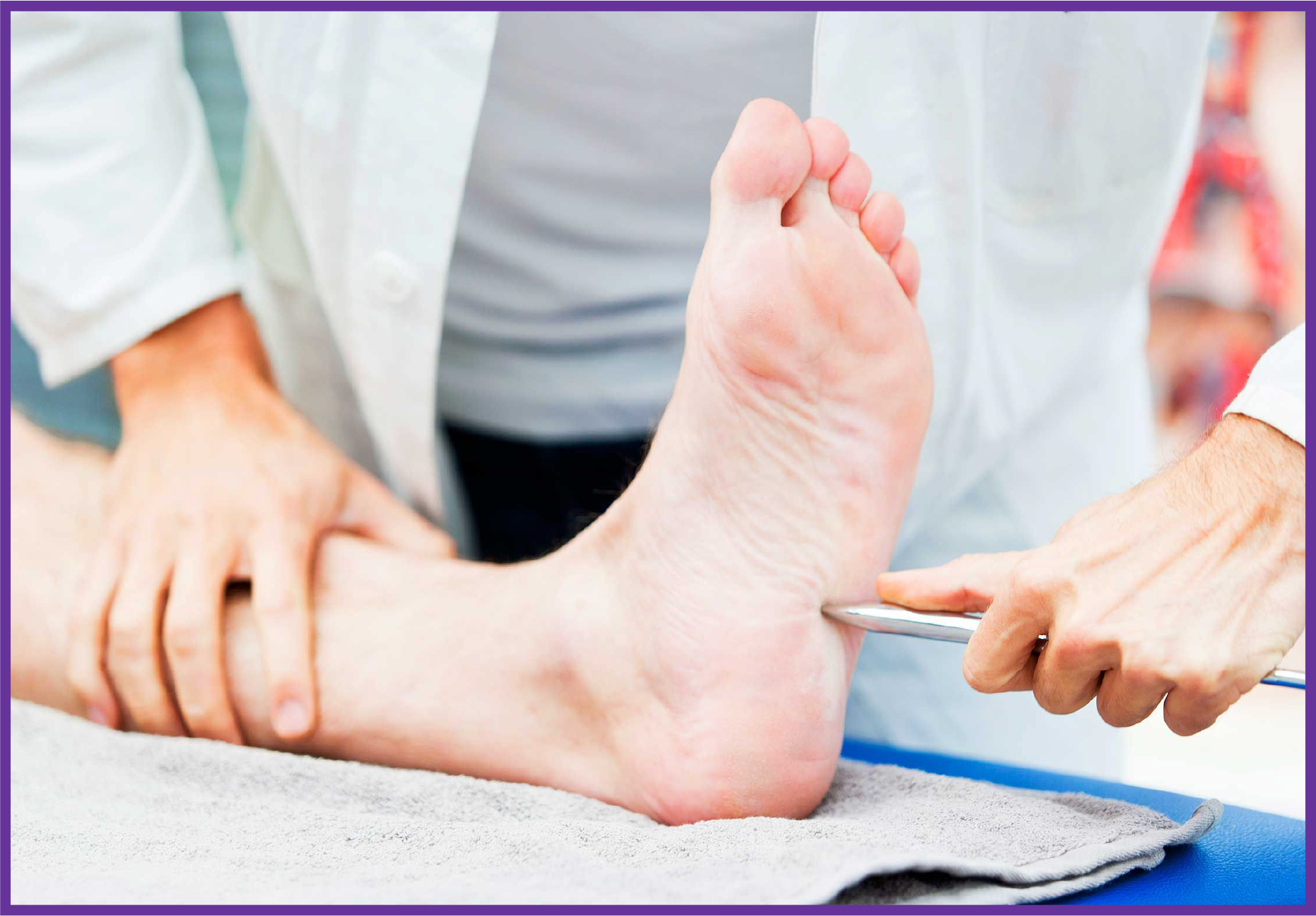 A healthcare professional conducting a foot assessment using a diagnostic tool on a patient's heel in a clinical setting